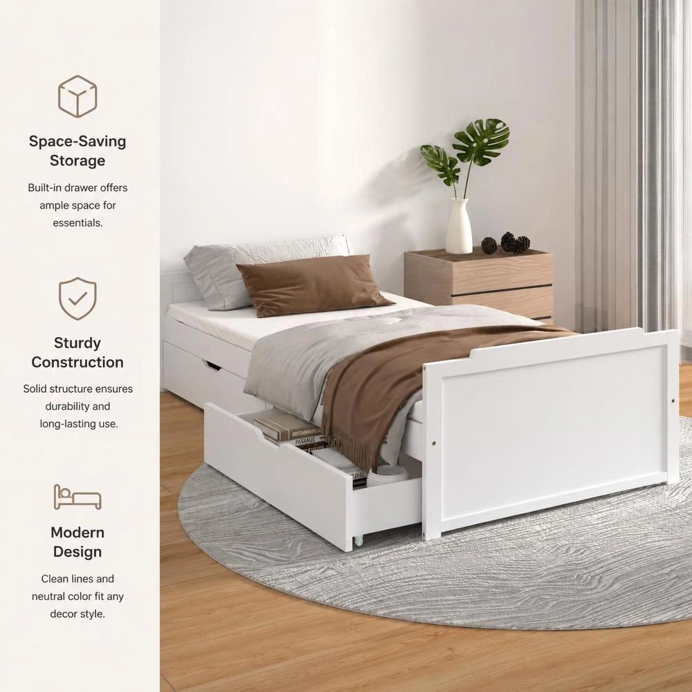 Solid Wood Bed With Drawers, White Pine, 90x200 Cm