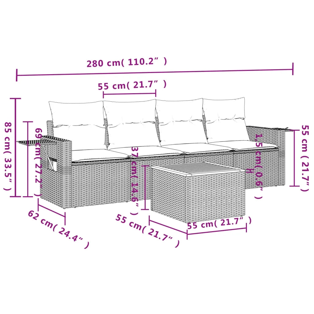 Set Divani da Giardino 5 pz | Set Salotto da Giardino con Cuscini in Polyrattan Nero