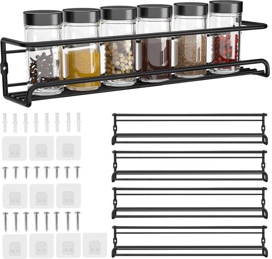 Ophangabile 4 Keukenschappen - 29CM - Ophangabile senza forature - per 28 contenitori erbe - Contenitori erbe da appendere - Industriale - Set completo - Nero - robusto - Incluso materiale di installazione