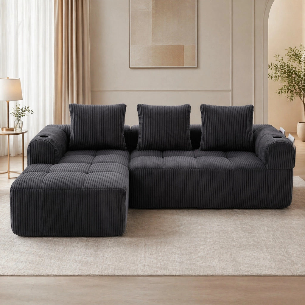 DIVANO modulare 253x158x61 cm tessuto a coste grigio scuro