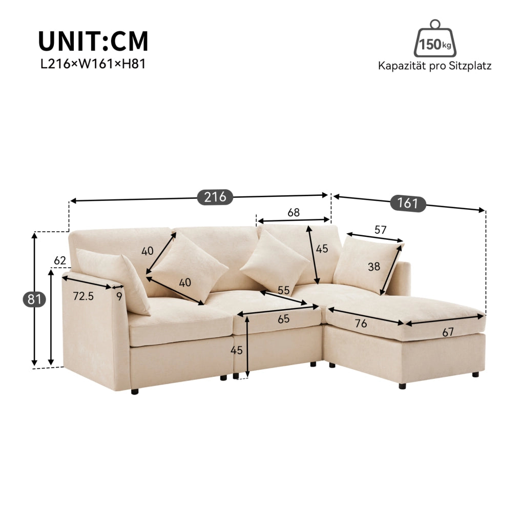Divano modulare 216x161x81 cm con pouf mobile in chenille beige