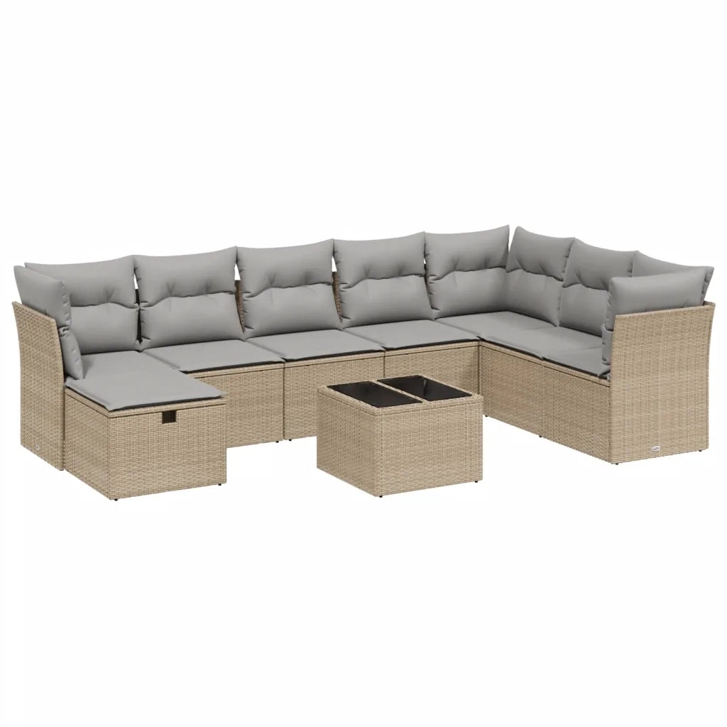 Set Divano da Giardino 9 pz con Cuscini Beige Misto Polyrattan