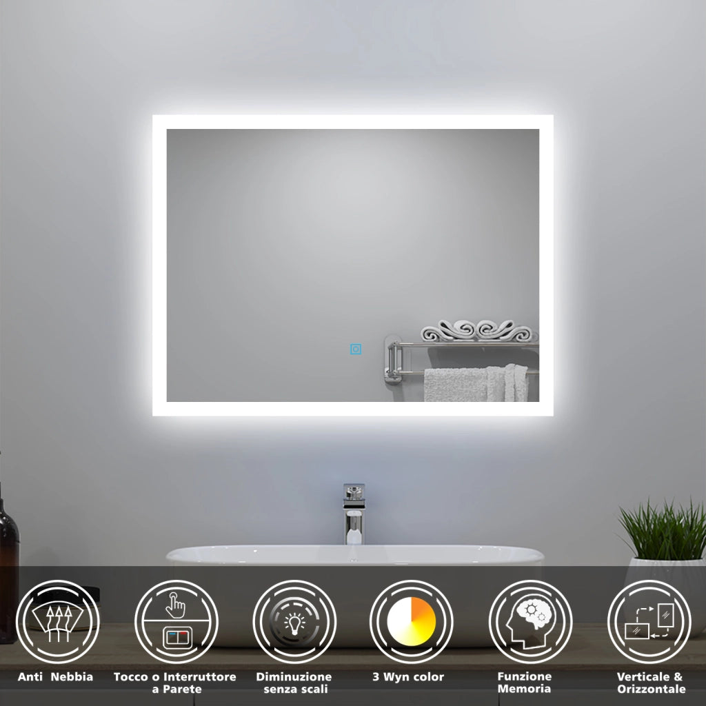 Aica LED Specchio da bagno 90×70 cm + luminosità regolabile a 3 colori + antiappannamento