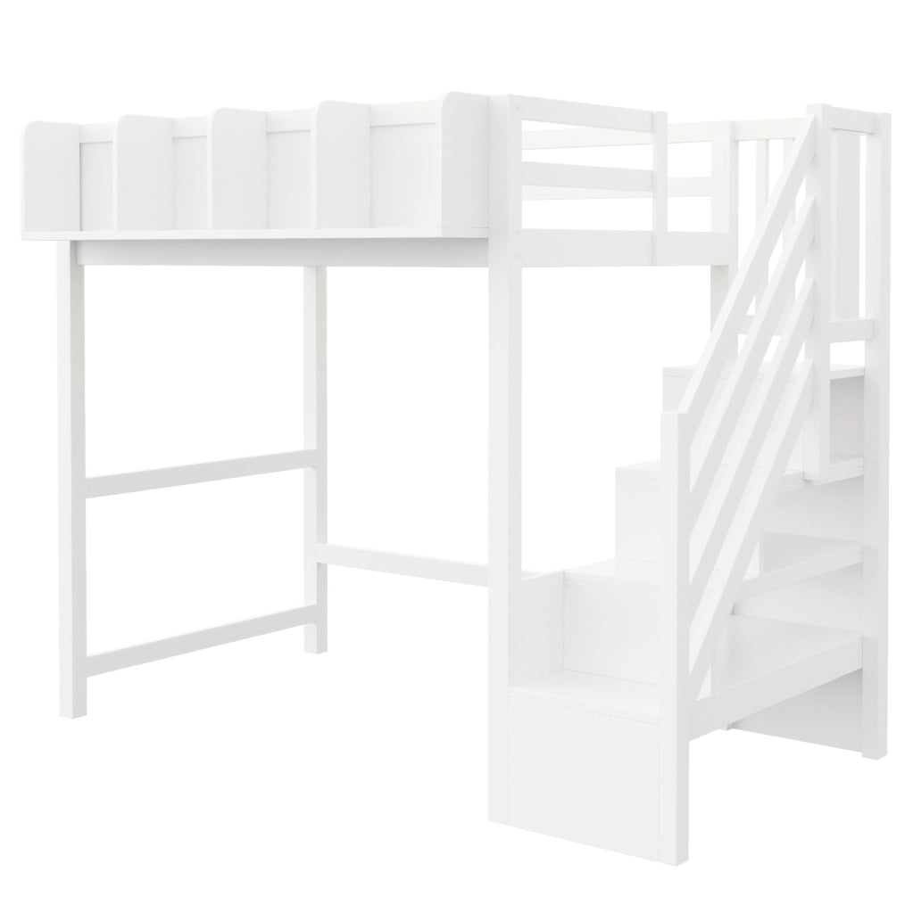 Letto a soppalco multifunzionale 90 x 200 cm in legno con LED; scala e vani portaoggetti; bianco