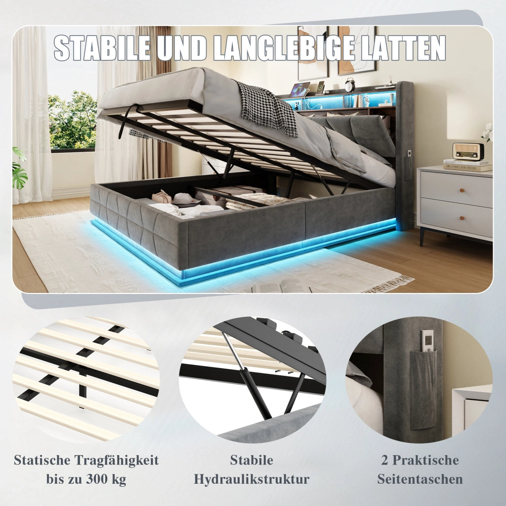 Letto contenitore 140 × 190 cm con LED, ripiani aperti, tasche laterali e USB Type-C, senza materasso, grigio scuro