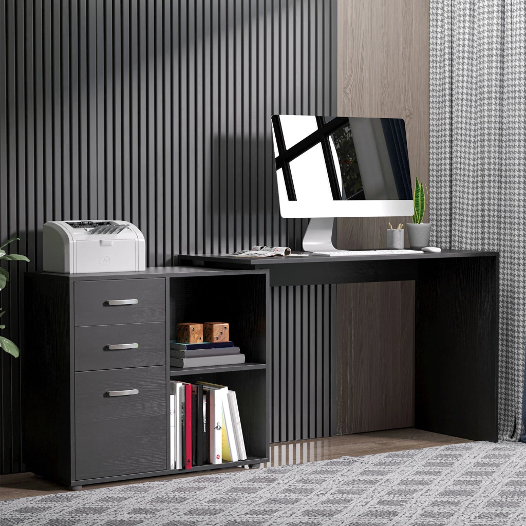 Scrivania Angolare per PC con 2 Cassetti e Ripiani Aperti ¨C Zephmum ¨C Legno e Metallo, Nero, 117x83.5x76 cm