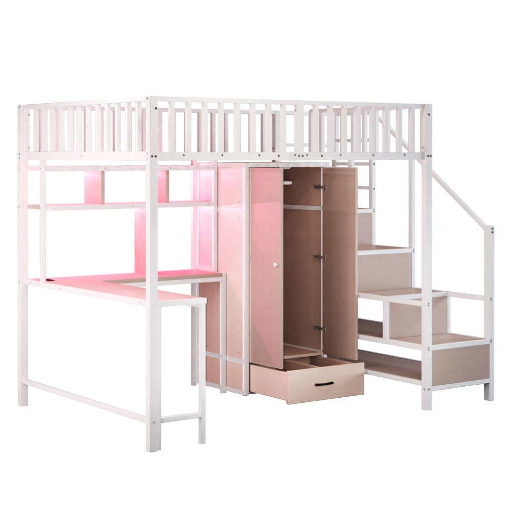 Letto a soppalco una piazza e mezza 140×200 cm con scrivania; armadio; cassetti; LED; USB e Type-C; bianco