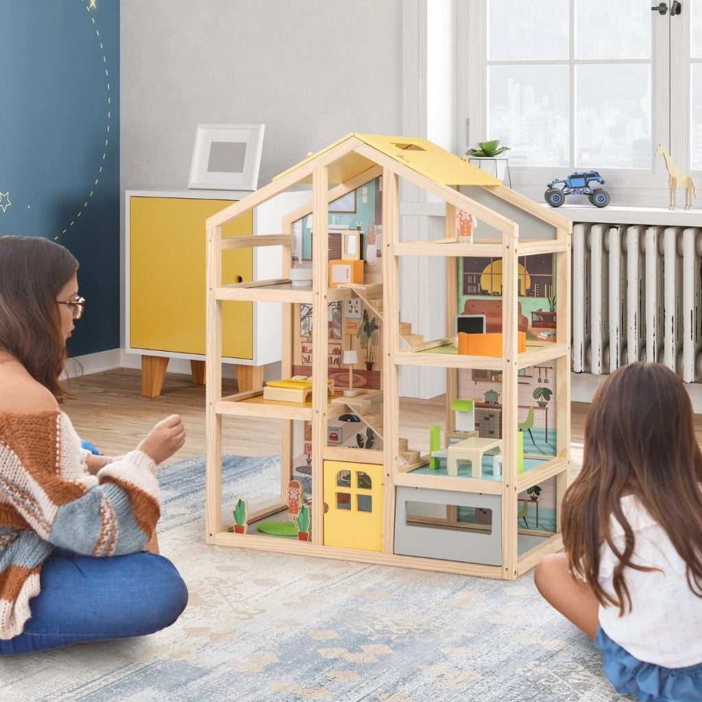 Casa delle famiglie moderne con mobili e figure con garage e porta apribile, Casa delle bambole in legno per bambini Naturale-Cucine giocattoli
