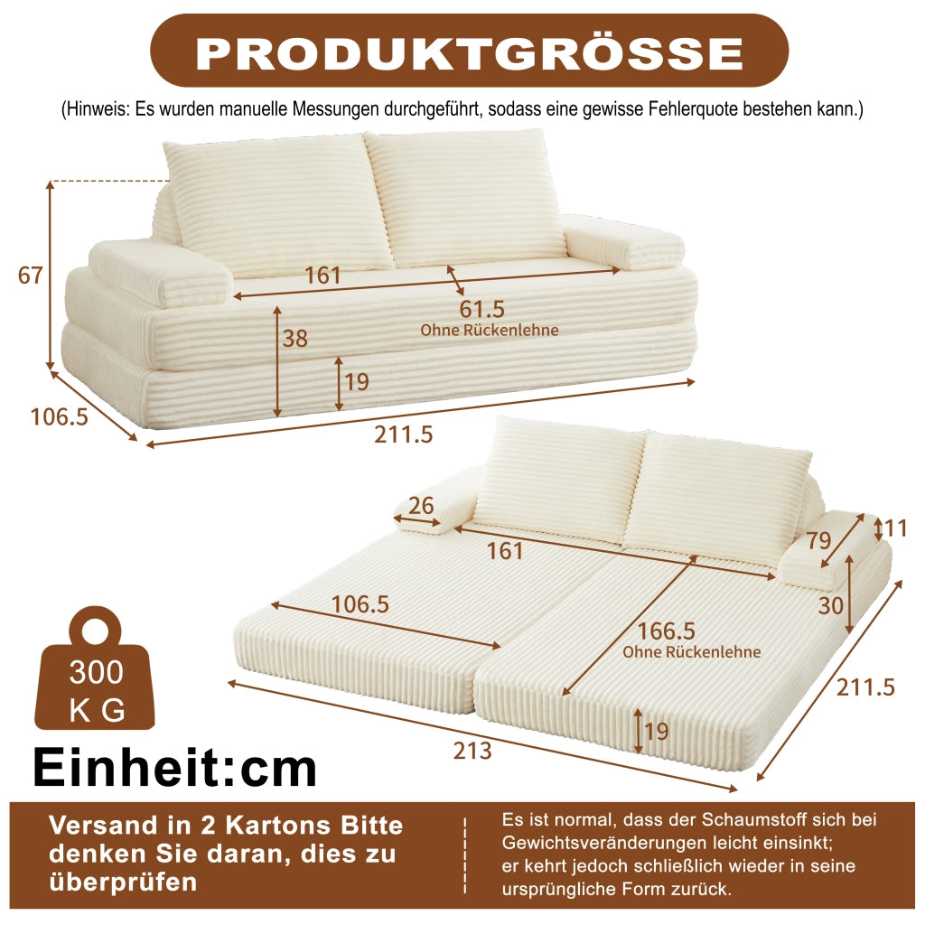 DIVANO MODULARE 211 cm in tessuto corduroy beige con schienali e braccioli regolabili