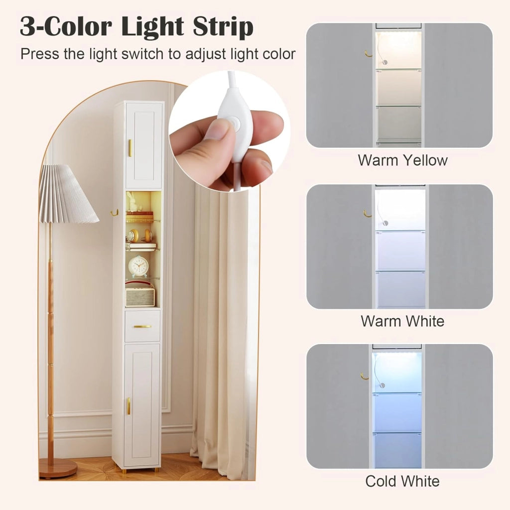 Colonna Bagno Alta, Ripiano in Vetro Temperato, Luce a 3 Colori, Piccolo Mobile di Stoccaggio Bagno, 2 Ante, 1 Cassetto, per Soggiorno, Ufficio, 20 x 20 x 181 cm(4Ripiano-2, Bianco)