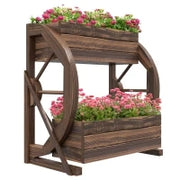 Fioriera in Legno da Esterno a 2 Livelli con 3 Vasi e Ruote di Carro Stile Country, 55x32x56cm
