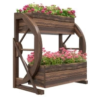 Fioriera in Legno da Esterno a 2 Livelli con 3 Vasi e Ruote di Carro Stile Country, 55x32x56cm