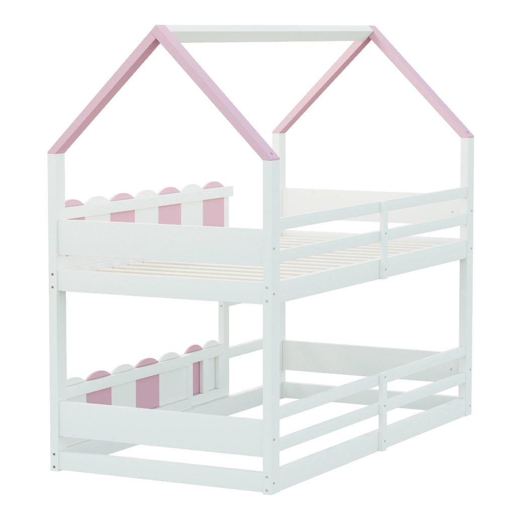 Letto a castello per bambini a forma di casetta 90x200 cm; rosa e bianco; con rete a doghe