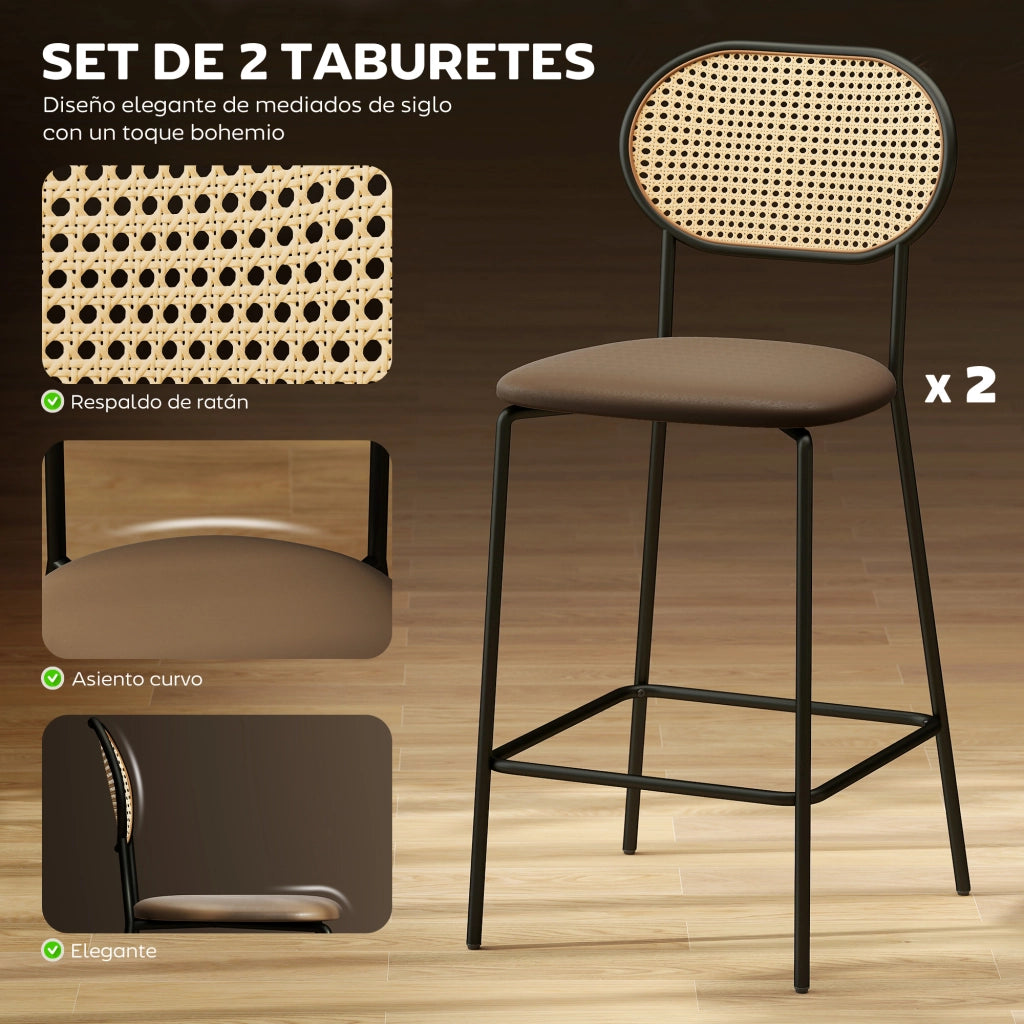 Sgabello da Bar con Schienale in Rattan e Poggiapiedi ¨C Zephmum ¨C Marrone