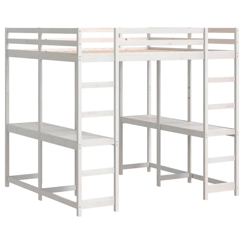 Letto Soppalco Scrivania e Scala Bianco 140x200cm Massello Pino 3284237