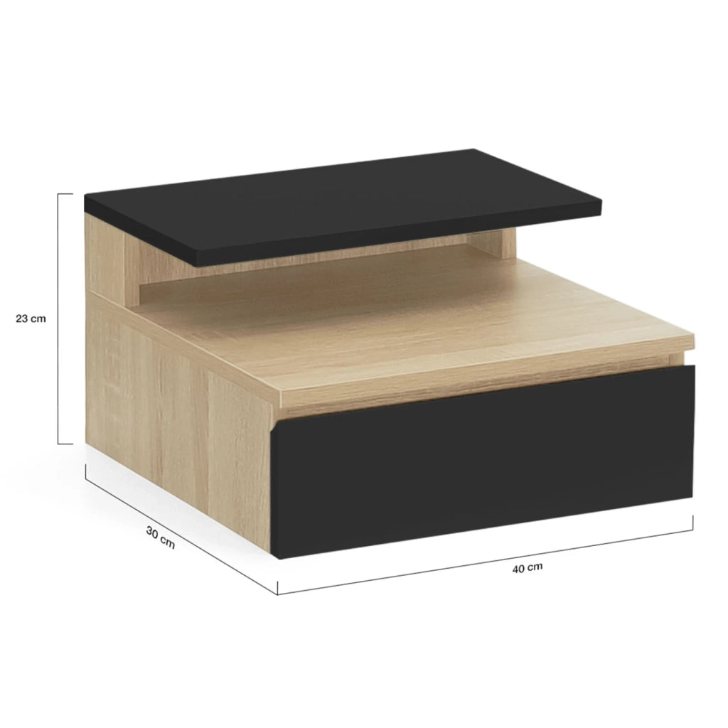 IDMarket - Set di 2 comodini a parete TOMI con mensole sospese + 1 mensola in legno effetto faggio e cassetto nero