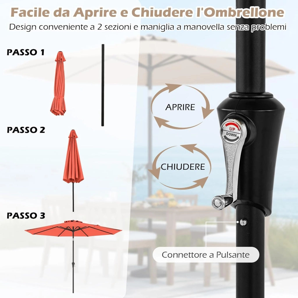 Ombrellone da Giardino, Diametro 290 cm, Ombrello da Spiaggia con Manovella e Inclinazione Regolabile, Ideale per Spiaggia, Balcone, Giardino (Arancione)