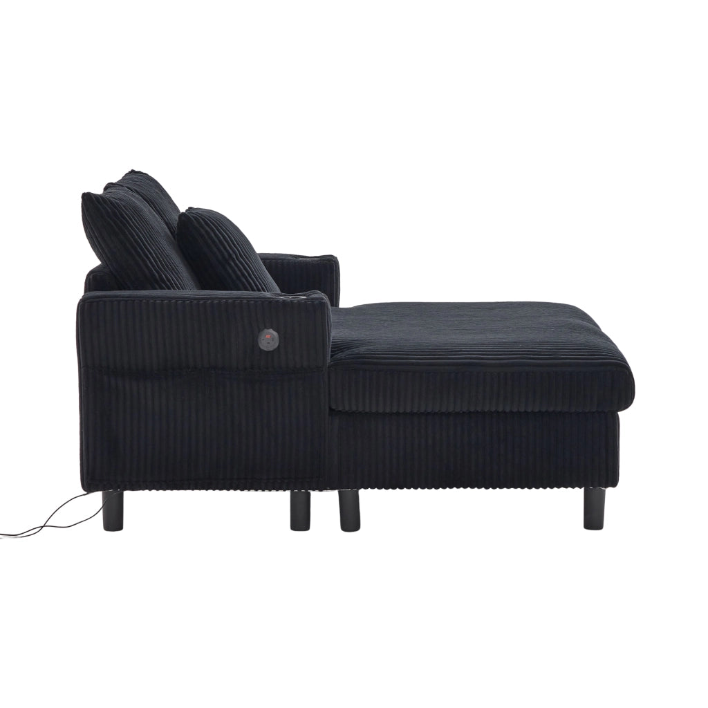 Poltrona relax chaise longue in corduroy nera con LED, USB e portabicchieri 142x128x85 cm