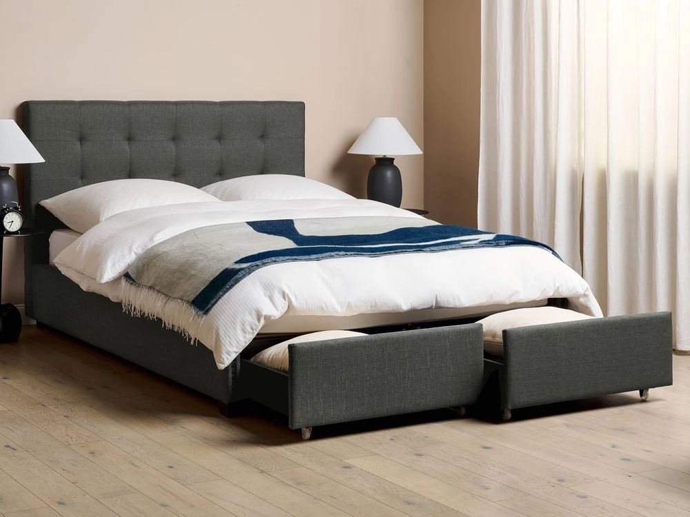 Letto contenitore matrimoniale imbottito grigio chiaro con rete a doghe e cassetti 140 x 200 cm