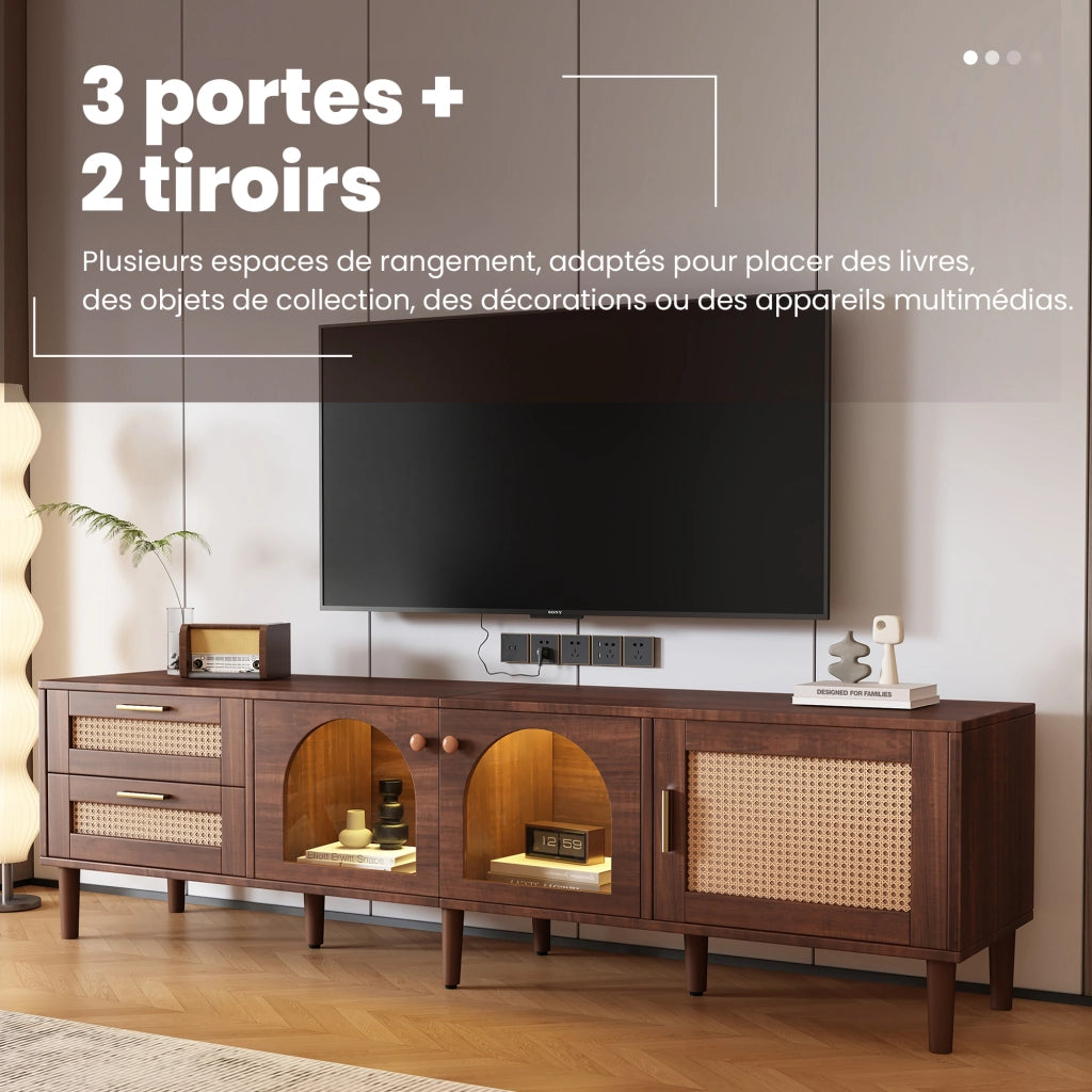 Mobile TV con 3 Ante; 2 Cassetti in Rattan e LED; Ante in Vetro; Stile Naturale; 180¡Á40¡Á50 cm; in Truciolare; Marrone