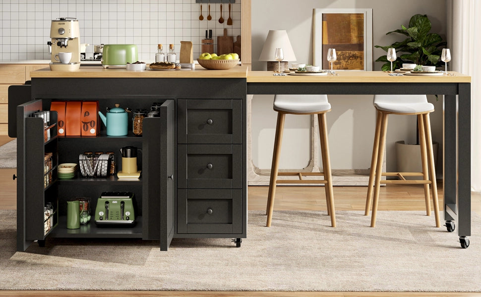 Isola cucina mobile con cassetti, ruote, piano allungabile in MDF e metallo nero
