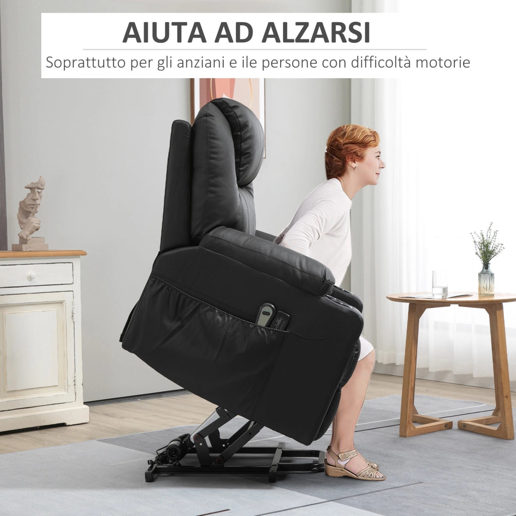 EasyComfort Poltrona Alzapersona Reclinabile max 135° con 8 Punti Massaggianti e Poggiapiedi, 88x92x106 cm, Nero