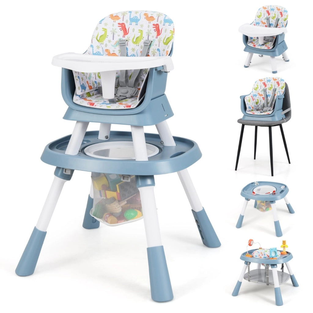 Set tavolo e sedia multifunzionale con vassoio rimovibile e cintura, Seggiolone convertibile per bambini 16-in-1 Blu-Seggioloni
