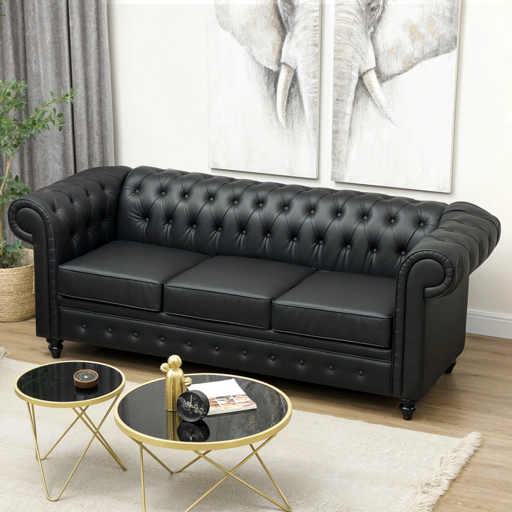 Divano Chesterfield Trapuntato 3 Posti ¨C zephmum ¨C Finta Pelle Nero 213x86x79 cm