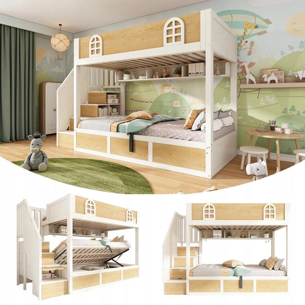 Letto a castello 90x200 - Xylo - Bianco, naturale, con ripostiglio