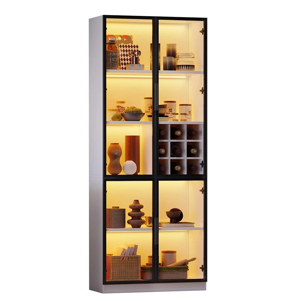 Vetrina 80x35x200 cm con LED - Xylo - ante in vetro, biblioteca, supporto vino, elegante buffet doppia anta