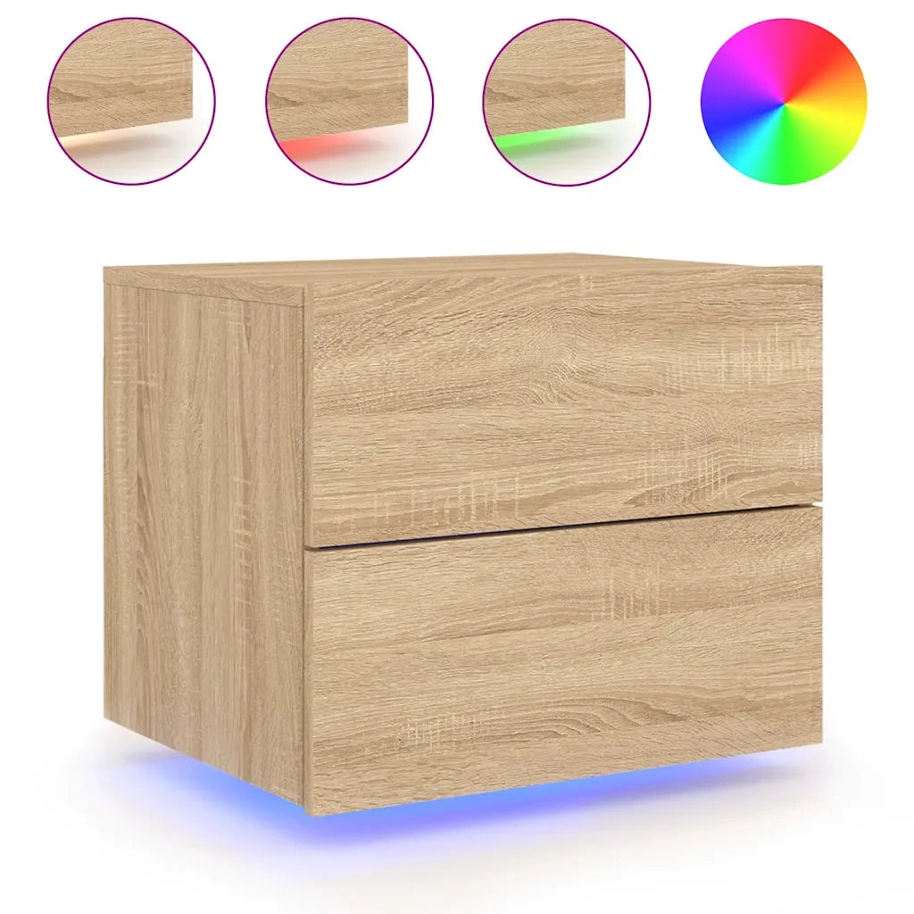Set di 2 Comodini | Armadio da Notte | Mobiletto da notte a Parete con luci LED Rovere Sonoma