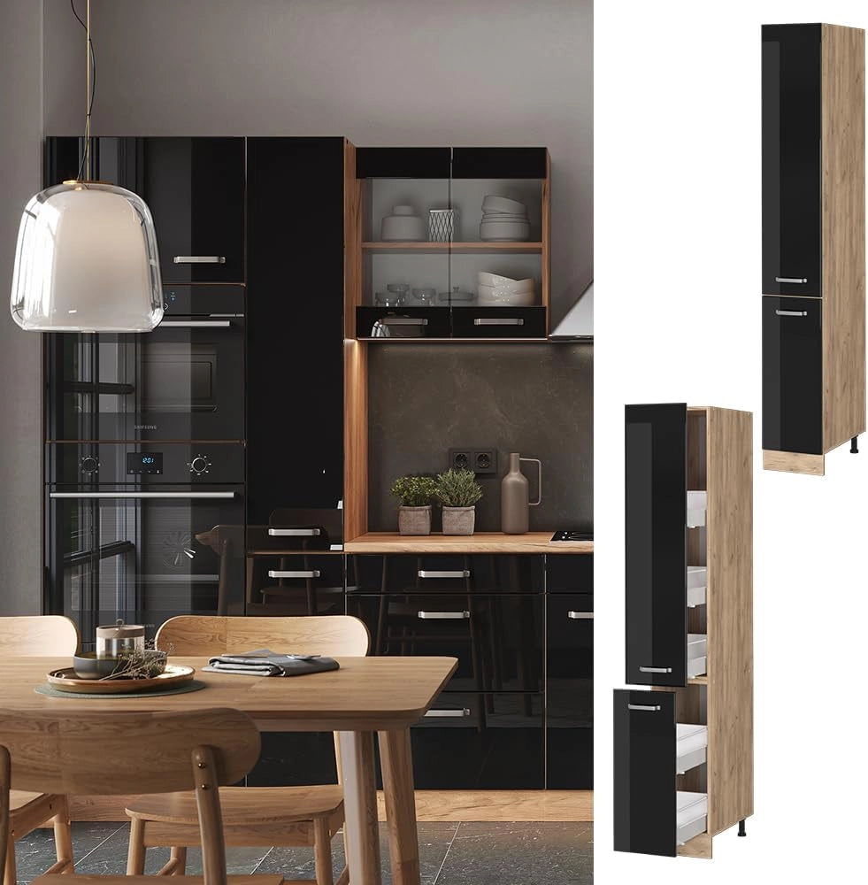Armadio da farmacia R-Line, Nero lucido, 30 cm, per la libera combinazione all'interno di sistemi cucina modulari