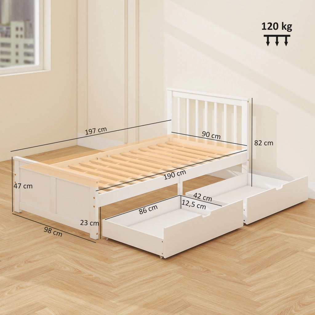 Letto Singolo in Legno Massello con 2 Cassetti e Testiera ¨C Zephmum ¨C 90x190 cm Bianco