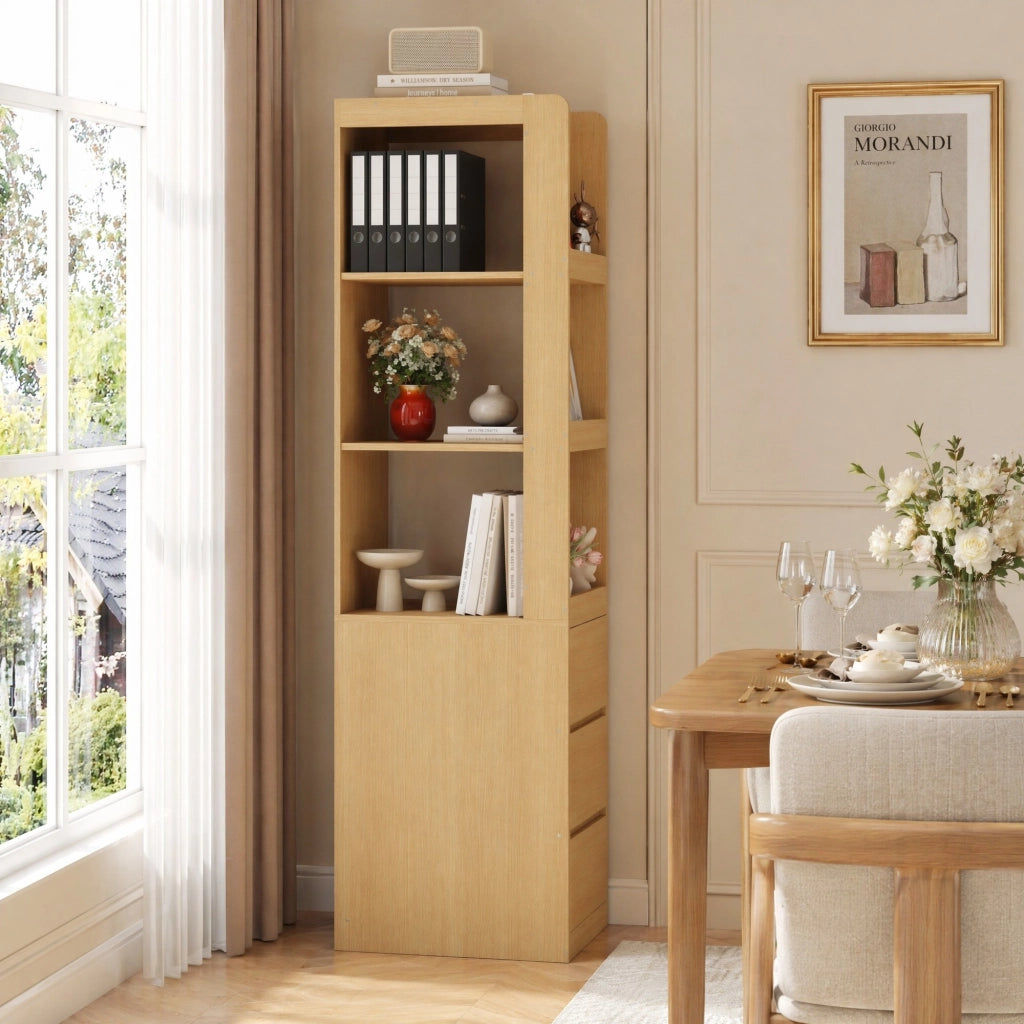 Libreria stretta alta 200 cm con 3 ripiani aperti e 3 cassetti; rovere