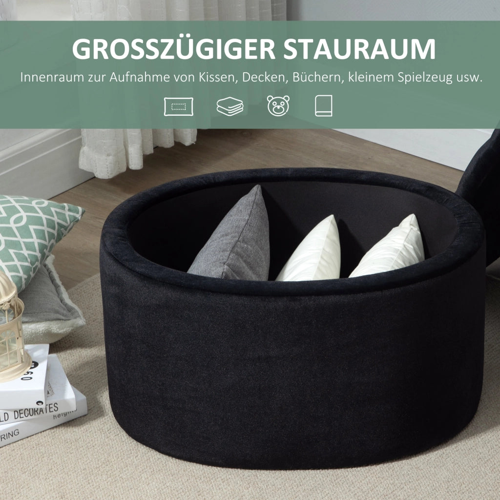 Pouf contenitore imbottito ovale con vano nascosto e coperchio rimovibile, in poliestere effetto velluto nero