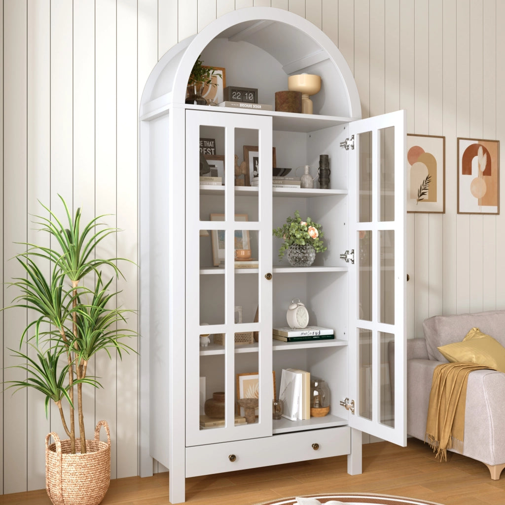Vetrina alta ad arco 75x35x170;5 cm in MDF bianco con ante in acrilico trasparente e cassetto