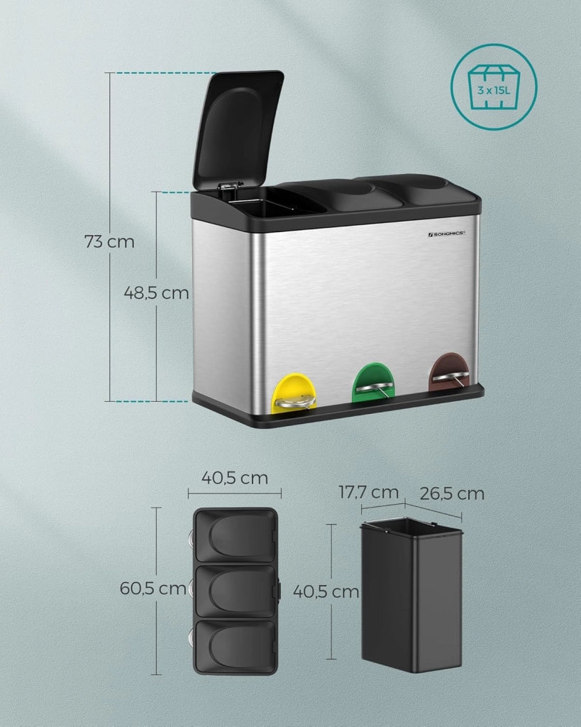 SONGMICS Cestino da Cucina, Pattumiera Tripla per Riciclaggio a Pedale, Metallico da 45 Litri, Raccolta Differenziata, 3 x 15L, con Coperchio, Acciaio, Argento Metallico e Nero Inchiostro LTB45L