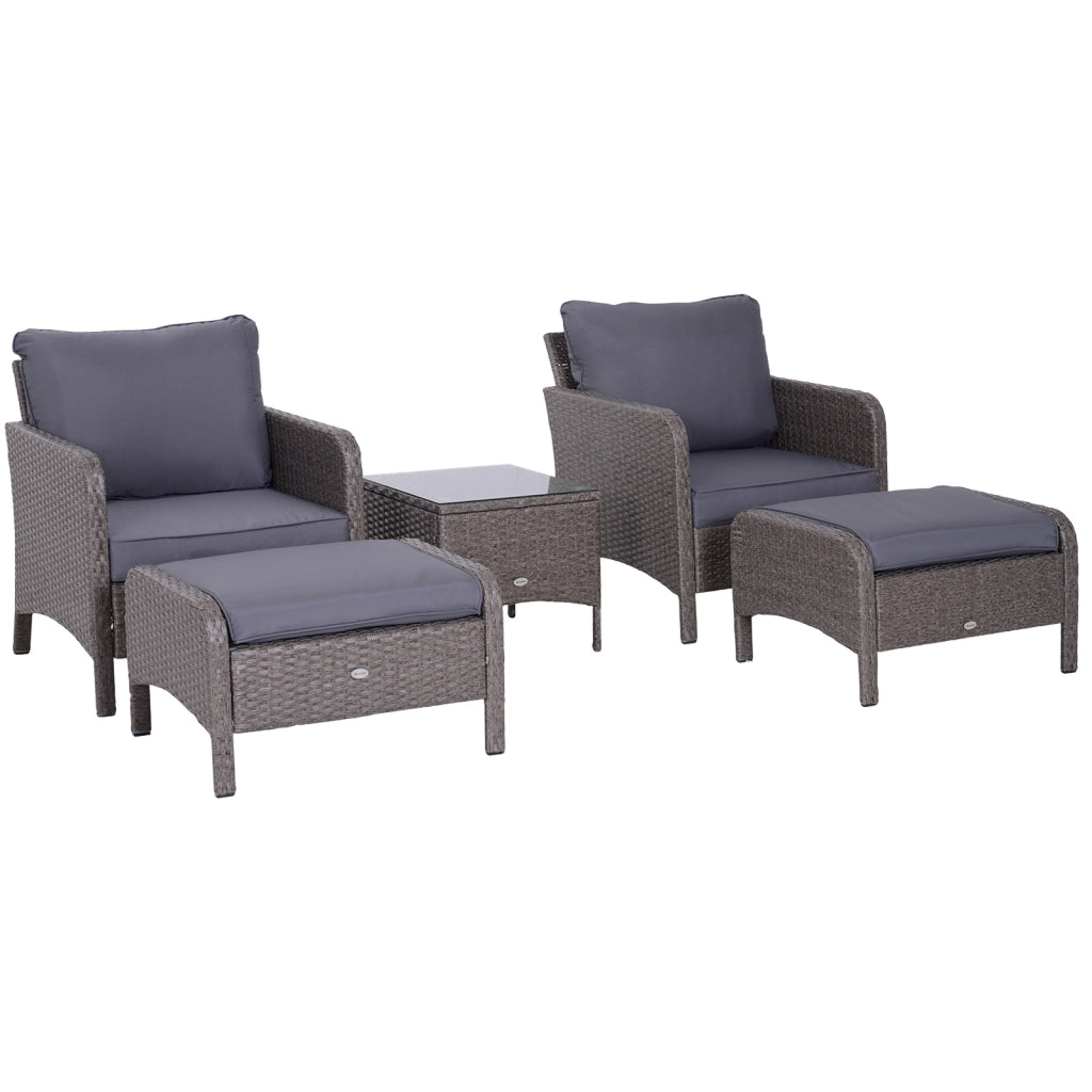 Set Mobili da Giardino 2 Poltrone 2 Poggiapiedi 1 Tavolino in Vetro Temperato Rattan Grigio