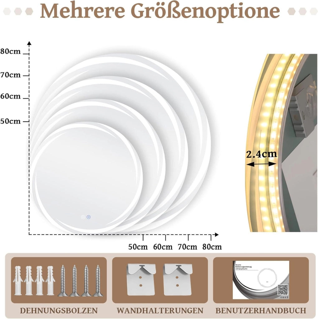 ZMH Specchio da Bagno Rotondo con Luce LED 80 cm IP44 Dimmabile Antiappannamento