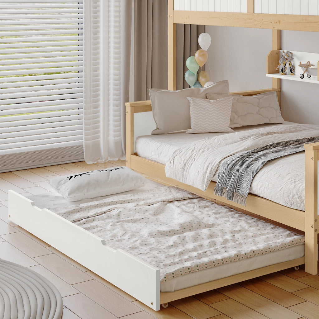 DESMIU Letto a castello per bambini 90 × 200 cm e 120 × 200 cm con letto estraibile, scala, armadio, senza materasso