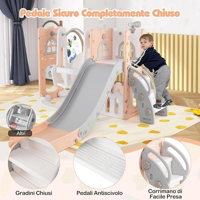 7 in 1 Parco Giochi per Bambini, Set di Scivolo e Altalena per Bambini con Canestro da Basket e Telescopio, 142 x 165 x 92 cm, 1-3 Anni (Rosa)