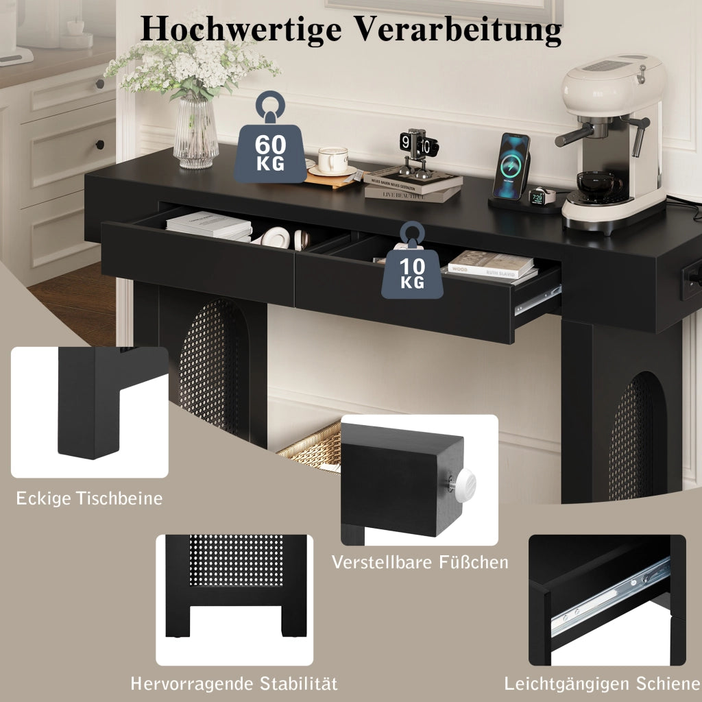 Consolle con 2 cassetti e ciabatta integrata per ingresso e soggiorno in MDF nero 120 × 35,5 × 76,5 cm