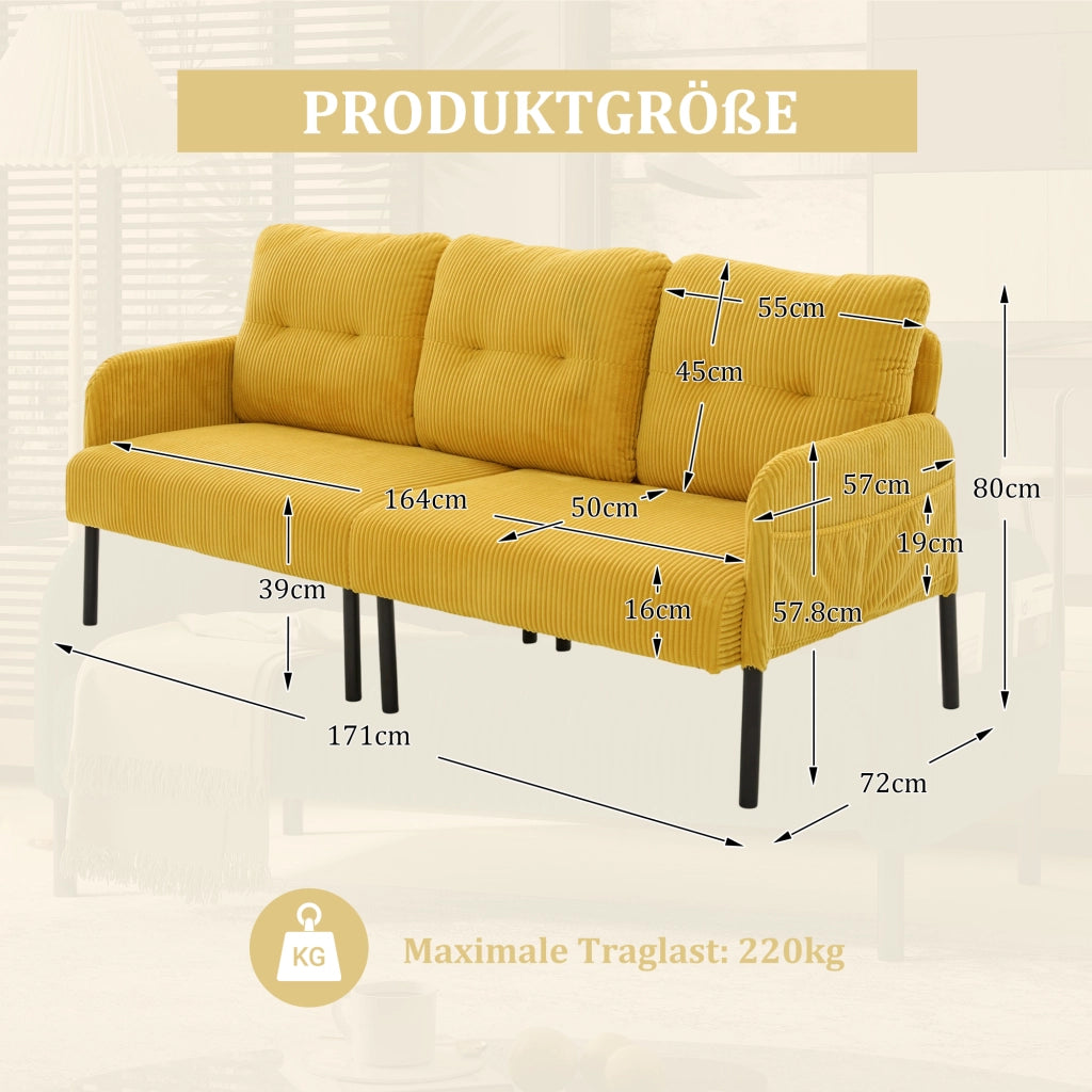Divano a tre posti in velluto a coste con schienale ergonomico e tasca laterale, struttura in metallo giallo