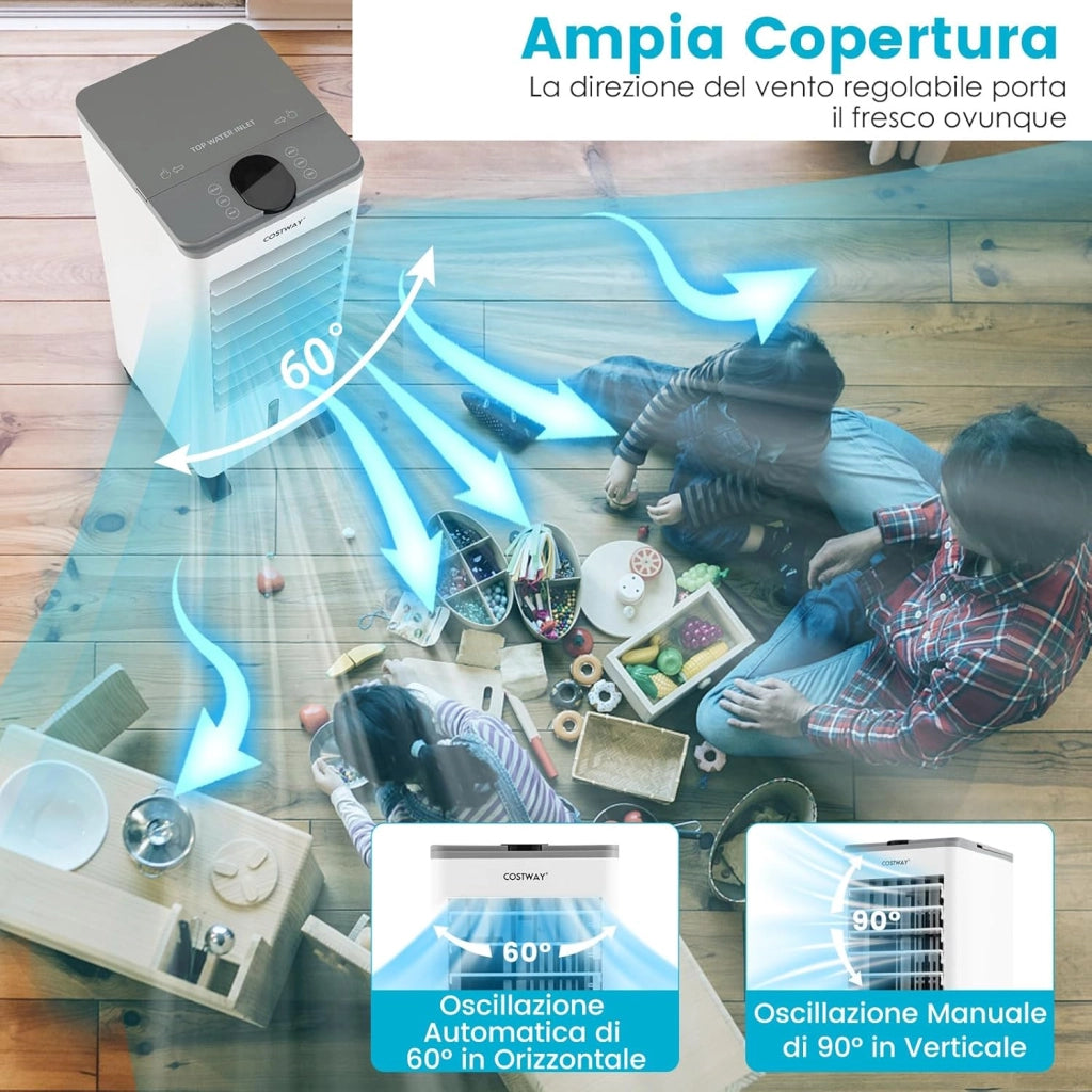 Condizionatore Portatile 3 in 1, Condizionatore d'aria Evaporativo portatile con Raffreddamento, Ventola e Umidificazione, 3 Velocità del Vento, 12H Timer, Doppio Serbatoio d'acqua(Grigio)