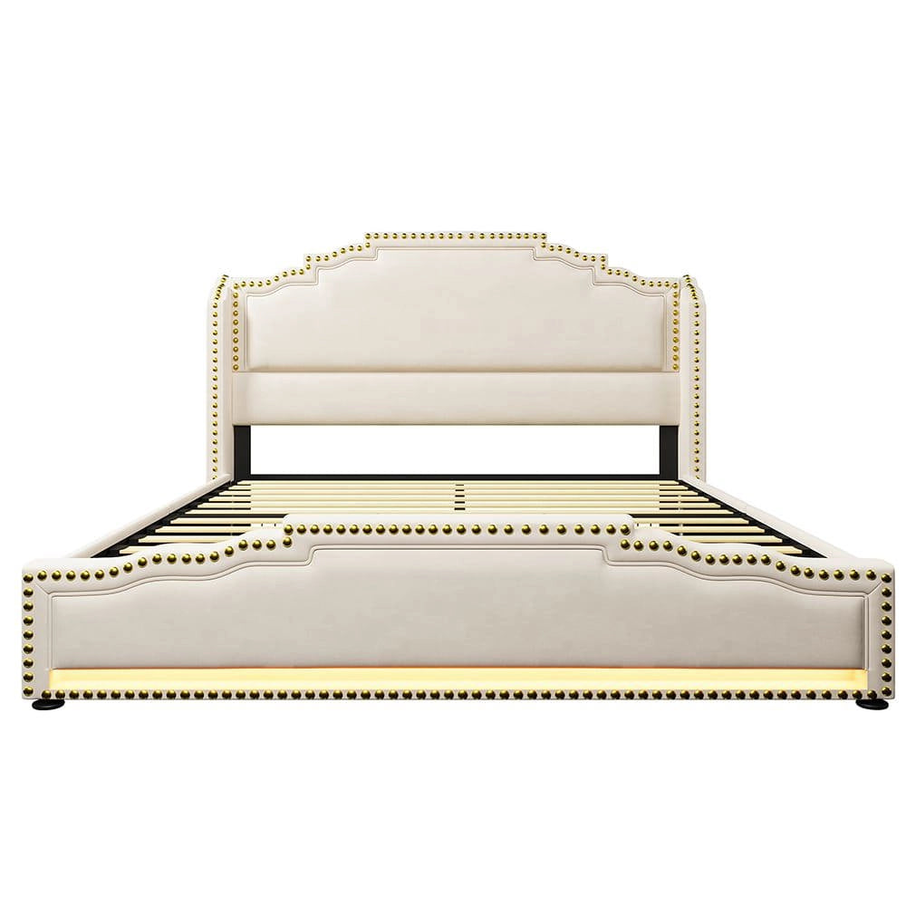 Letto matrimoniale-Xylo-160x200 cm-4 cassetti, LED, USB-C, velluto beige, con materasso