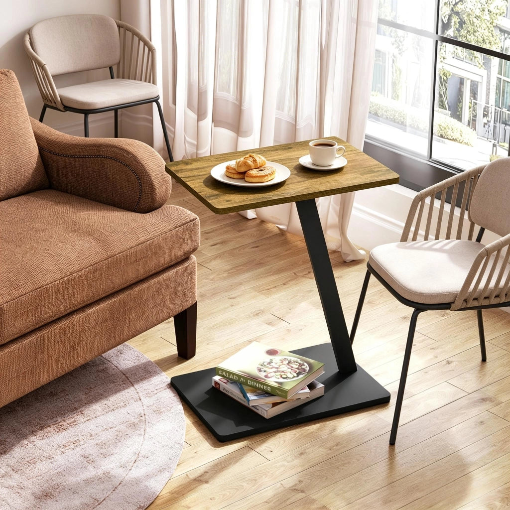 Tavolino basso a C con base in metallo, piano in MDF, salvaspazio per soggiorno e camera da letto, nero 48 × 64,5 × 33 cm