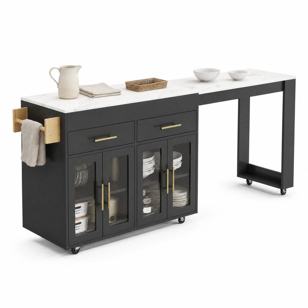 Isola da cucina mobile allungabile con piano estraibile, porta con vetrine, cassetti e ruote, nero