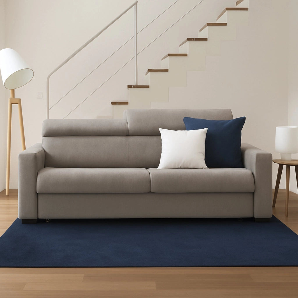 Divano Letto Algo, Divano a 3 posti, Made in Italy, SofÒ  Soggiorno con apertura girevole, con poggiatesta regolabili e Braccioli slim, cm 200x95h85, Tortora