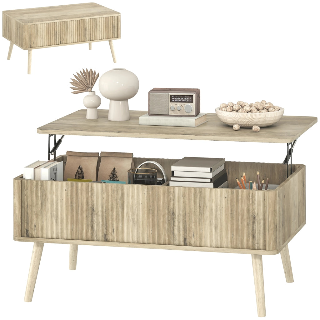 Tavolino da salotto con ripiano sollevabile e scomparti nascosti ¨C zephmum ¨C 91x56x43 cm, effetto quercia, gambe in pino