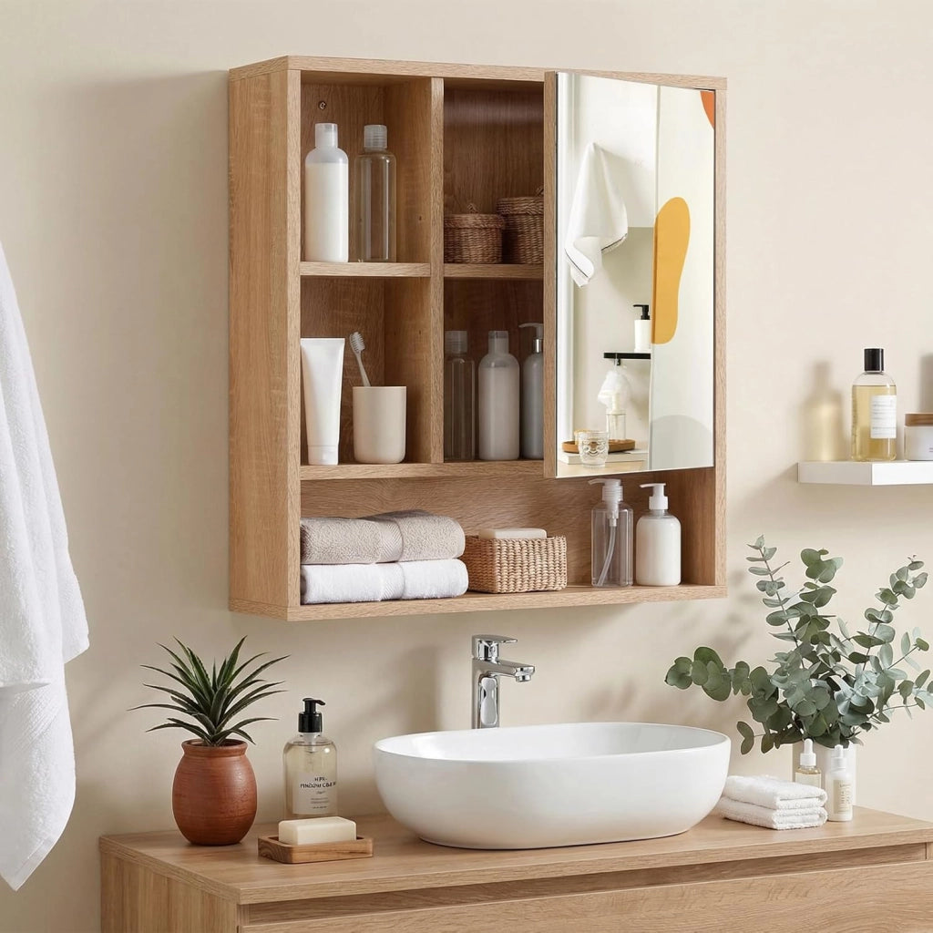 Mobile Bagno con Specchio da Parete, Specchiera Salvaspazio in Legno con Ripiano Regolabile e Scomparti Aperti, Armadietto Pensile per Bagno, Soggiorno e Cucina, 55 x 16,5 x 61 cm (Naturale)